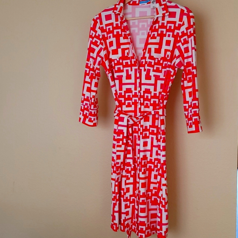 Bryan dress white/pink/coral block Geo